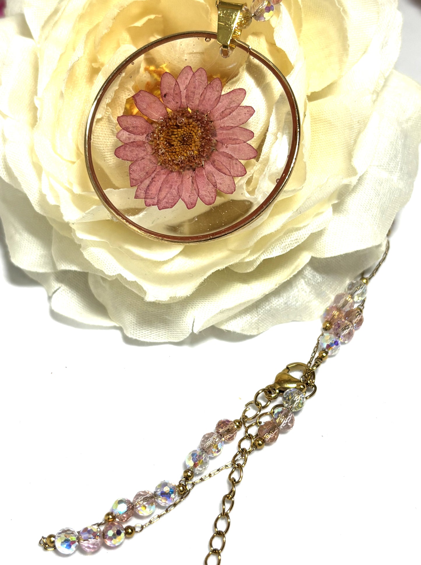 Necklace- Pink Daisy Flower Circular Pendant