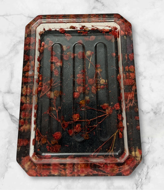 Soap Dish-Red Baby's Breath and Black Background