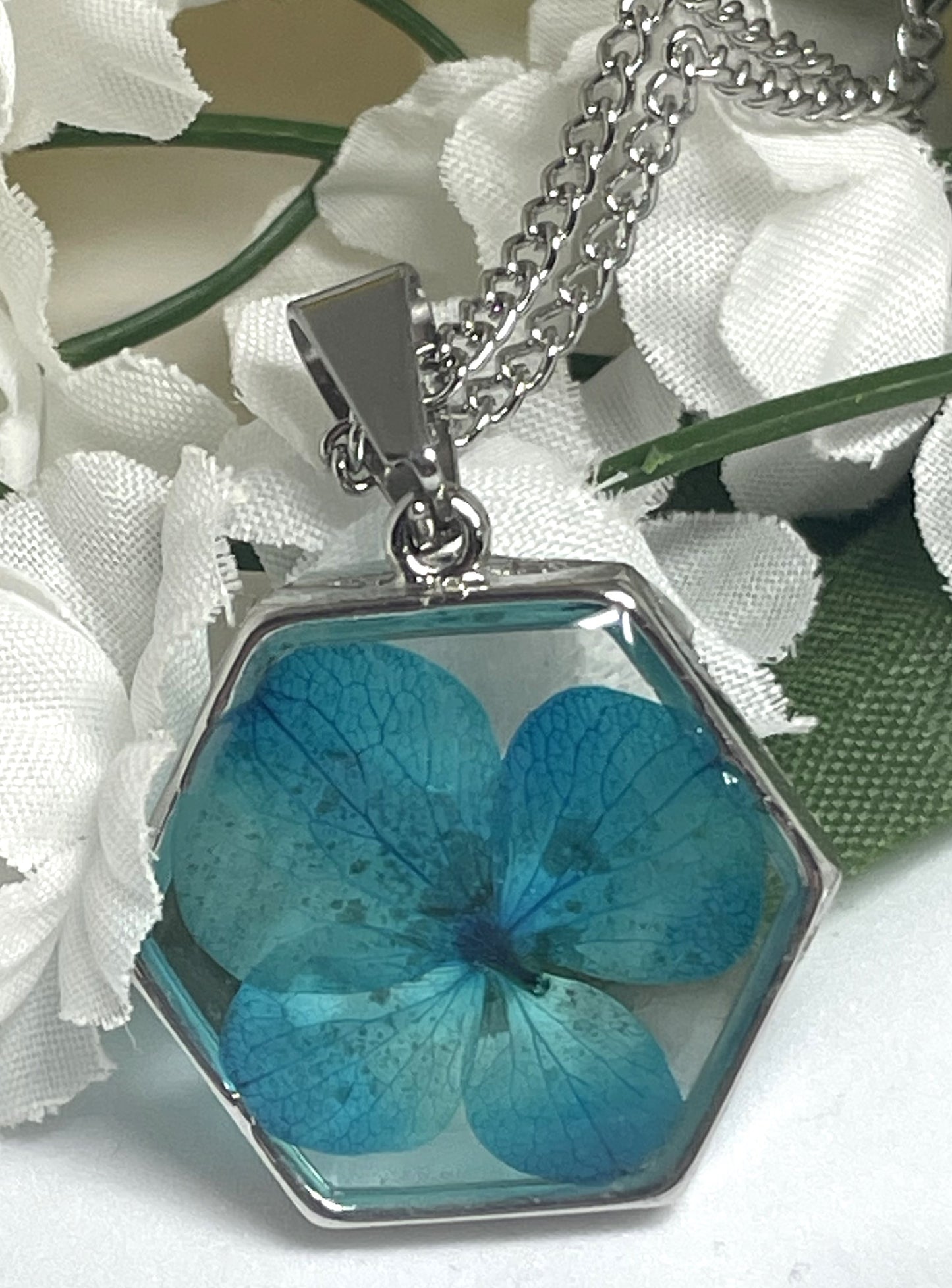 Necklace- Blue Hydrangea Hexagon Pendant