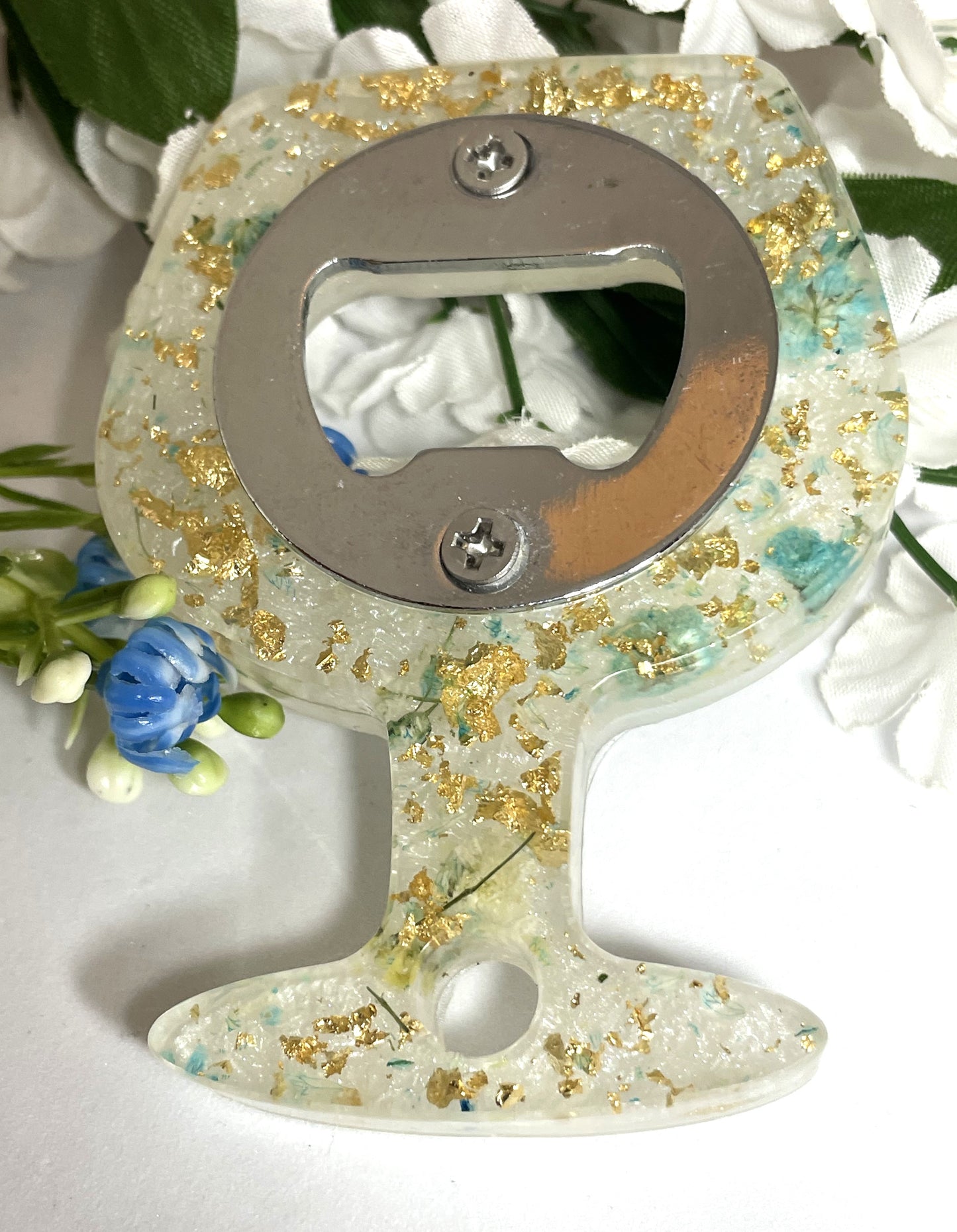 Bottle Opener-Wine Glass Shaped-Blue Baby's Breath and Goil Foil in White Background