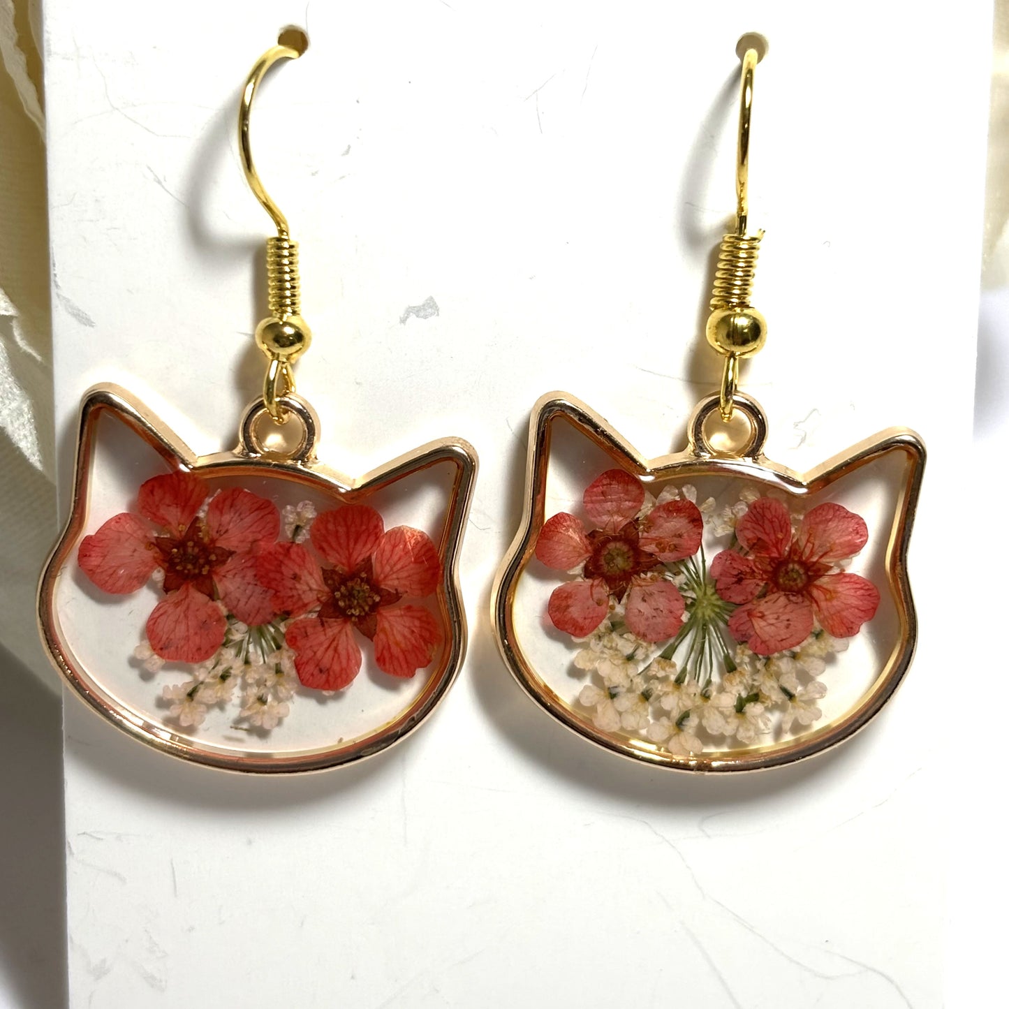 Earrings- Cat Shape with White Queen Anne Lace and Orange Forget Me Knots