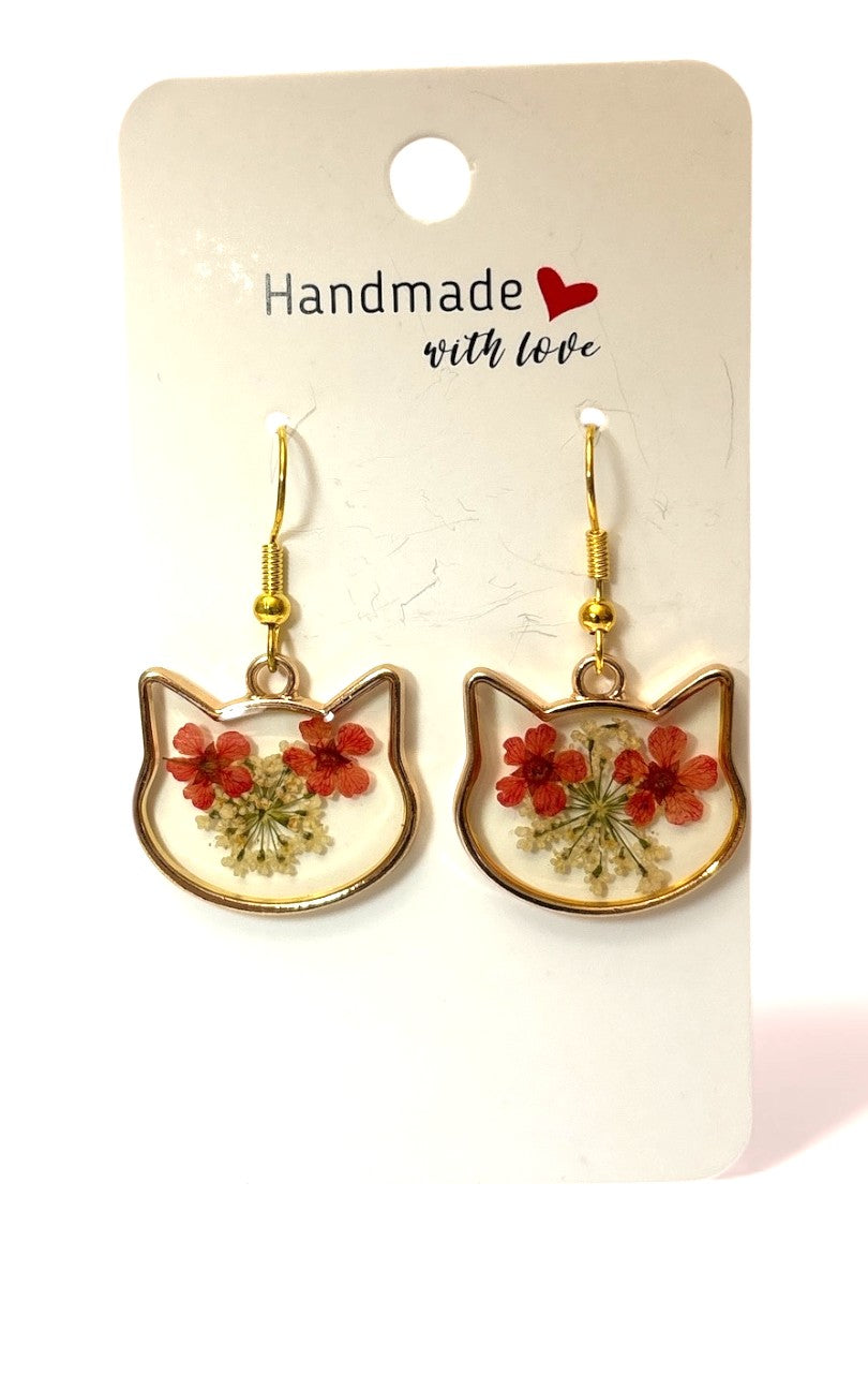 Earrings- Cat Shape with Queen Anne Lace and Forget Me Knots