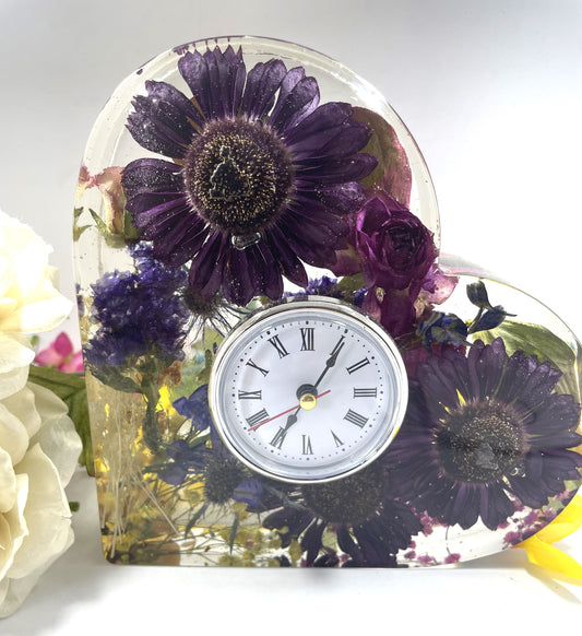 Clock-Floral Heart Shaped Self Standing- Purple Daisies