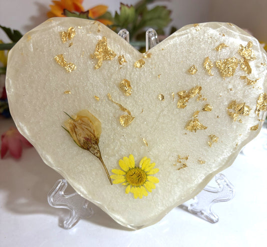 Coaster- Heart Shaped Yellow Daisy Flower with Gold Foil with White Background