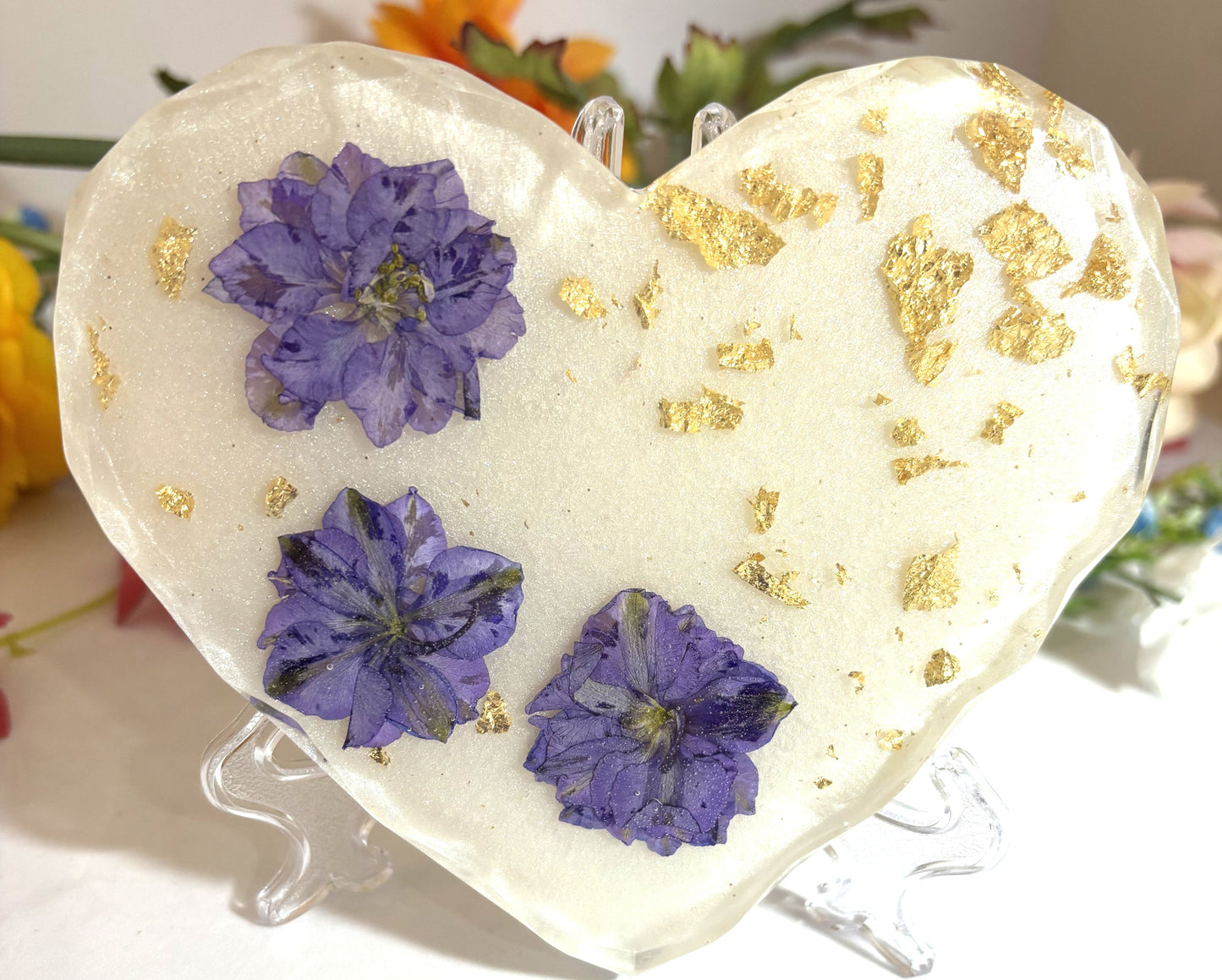 Coaster- Heart Shaped with Purple Larkspur Flowers and Gold Foil with White Background