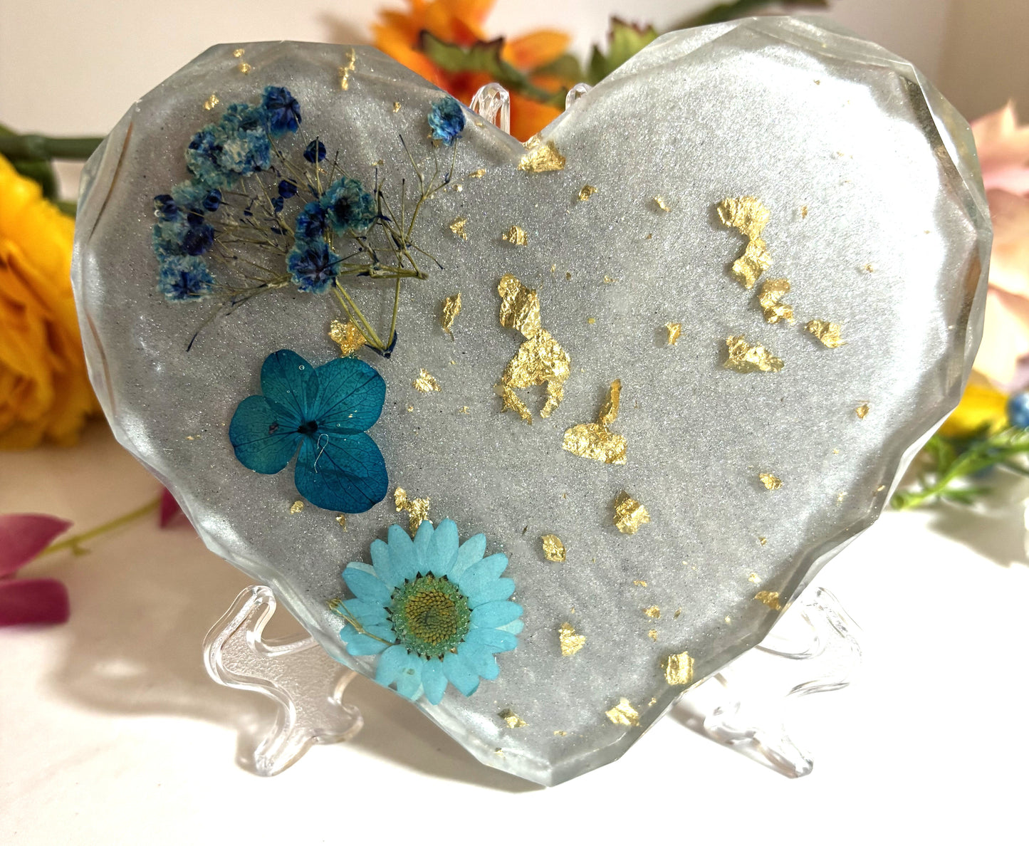 Coaster- Heart Shaped with Blue Baby's Breathe, Hydrangea, Daisy and Gold Foil with Grey Background