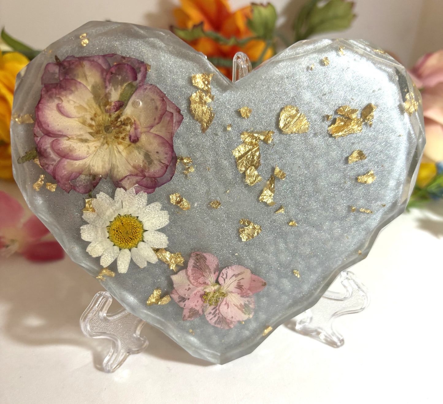 Coaster- Heart Shaped with Mixed Flowers and Gold Foil with Grey Background