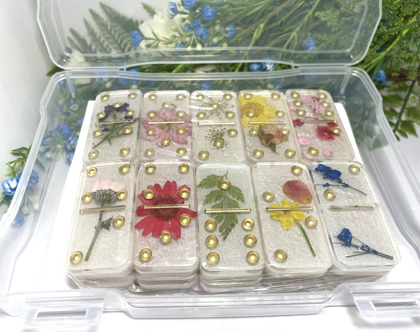 Resin Dominoes (Double Six, Florals)- Mixed Pressed Flowers with White Background