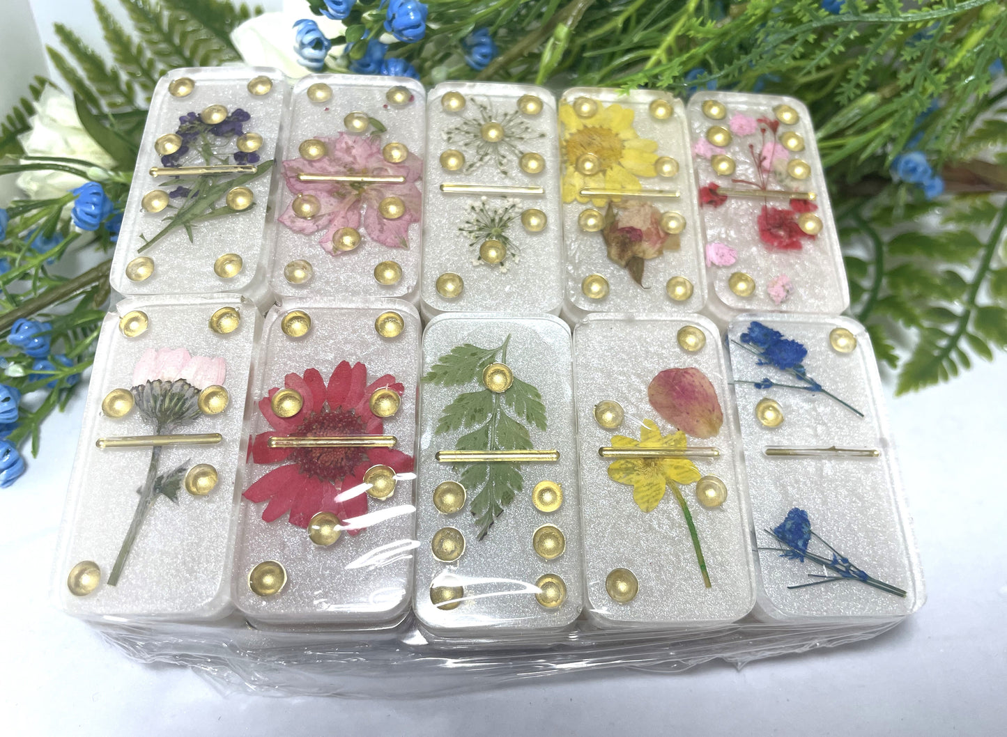 Resin Dominoes (Double Six, Florals)- Mixed Pressed Flowers with White Background