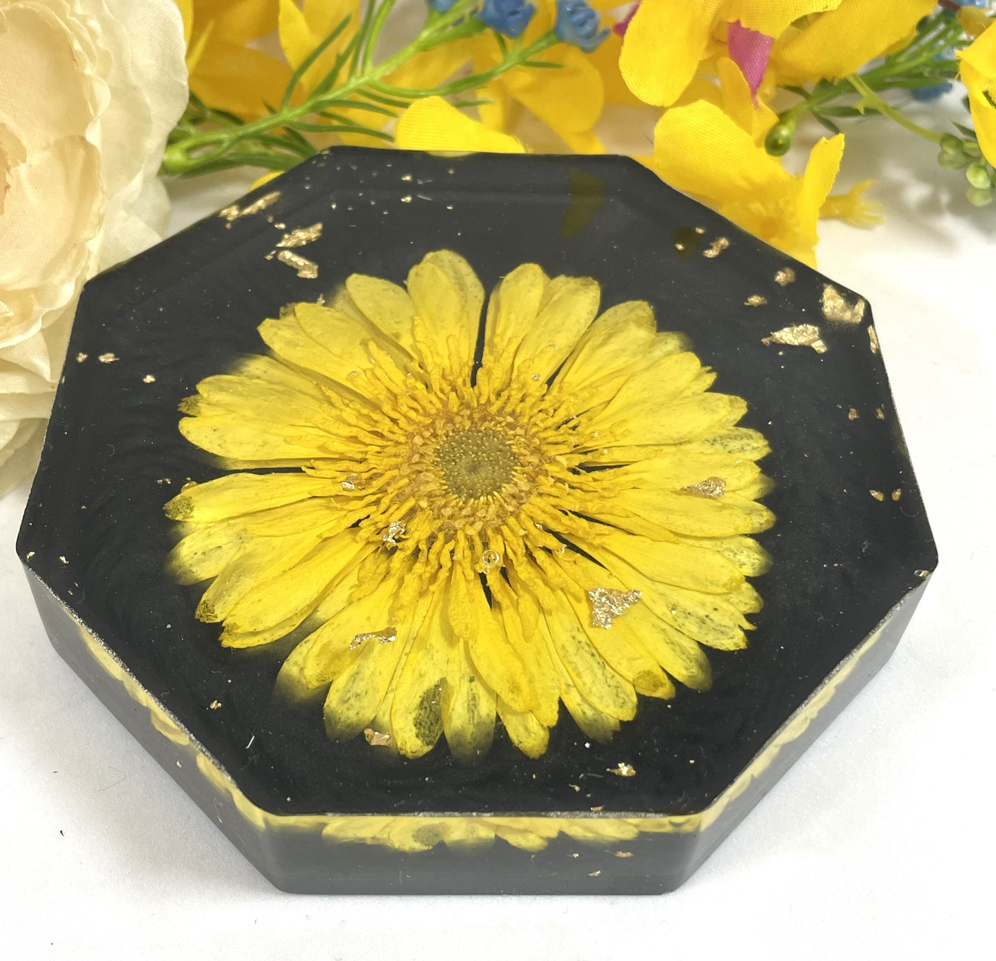 Coaster- Octagon Shaped with Yellow Gerbera Daisy and Black Background