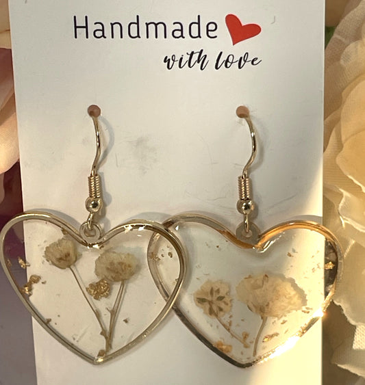 Earrings- Heart Shaped with White Baby's Breath and Gold Foil