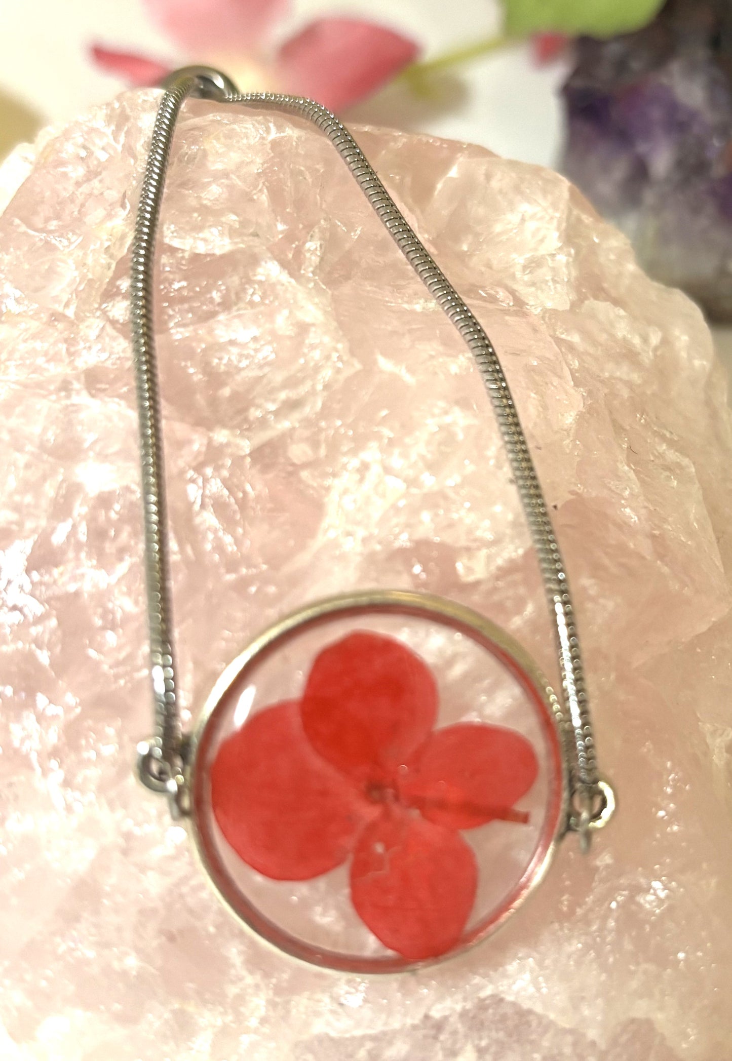 Stainless Steel Adjustable Bracelet with Red Hydrangea Flower (Large)