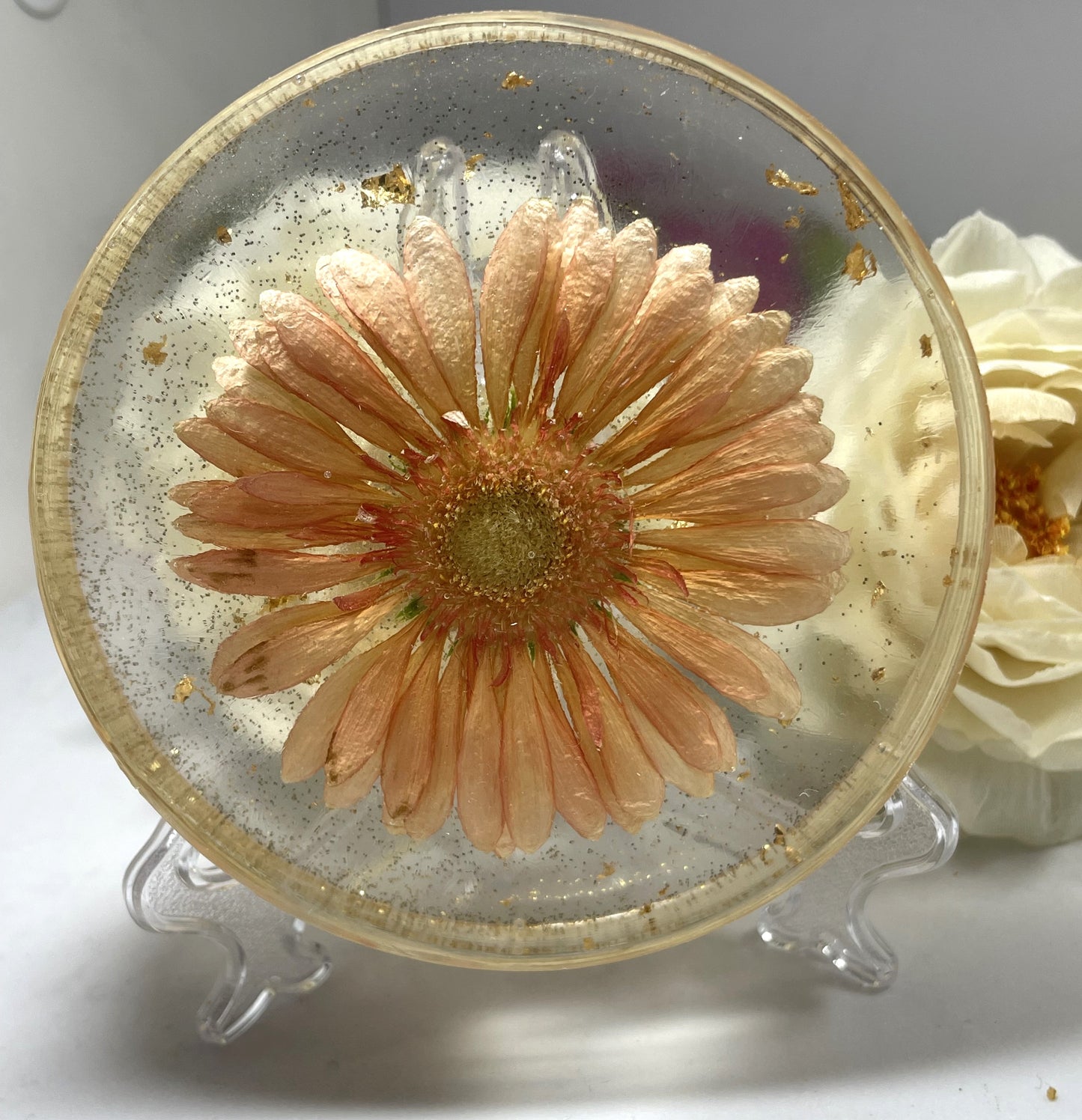 Coaster- Round Shaped with Orange Gerbera Daisy and Gold Foil