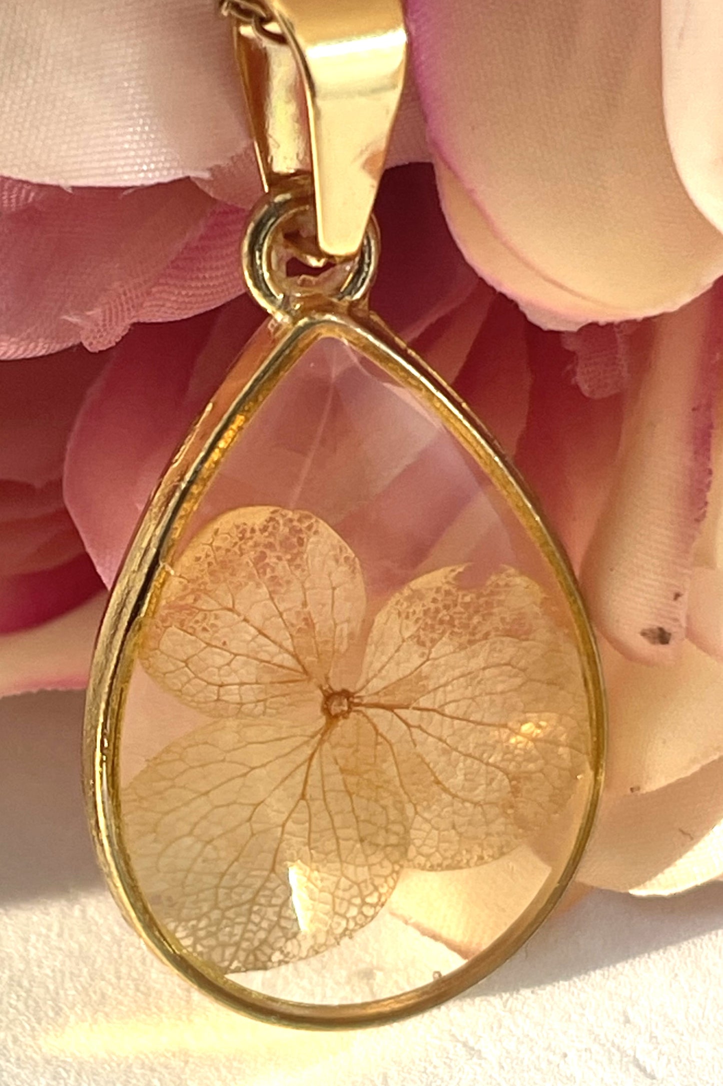 Necklace- Pink Hydrangea Teardrop Pendant