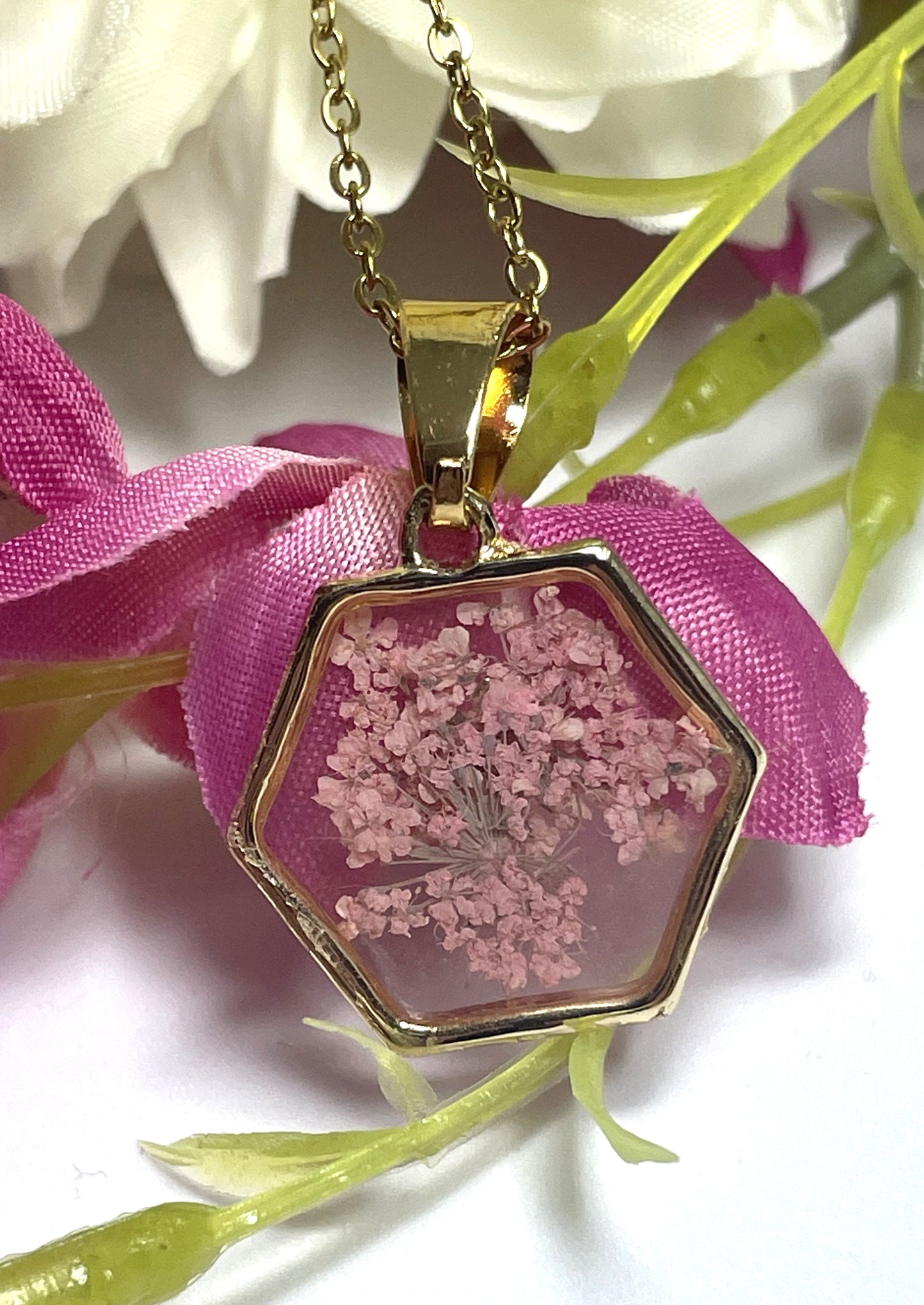 Necklace-Pink Queen Anne Lace Hexagon Pendant