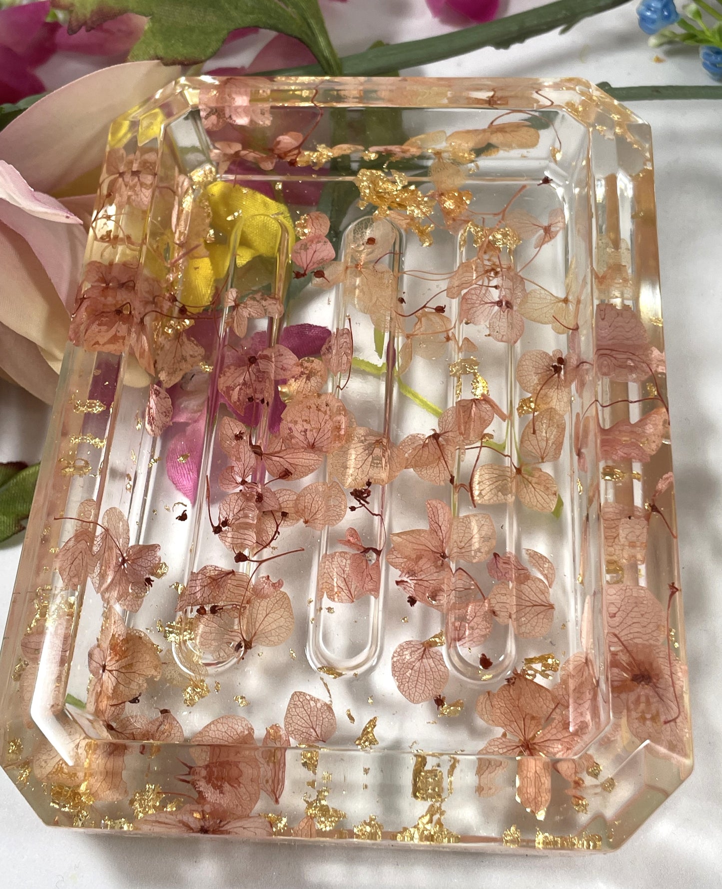 Soap Dish-Pink Hydrangeas and Gold Foil