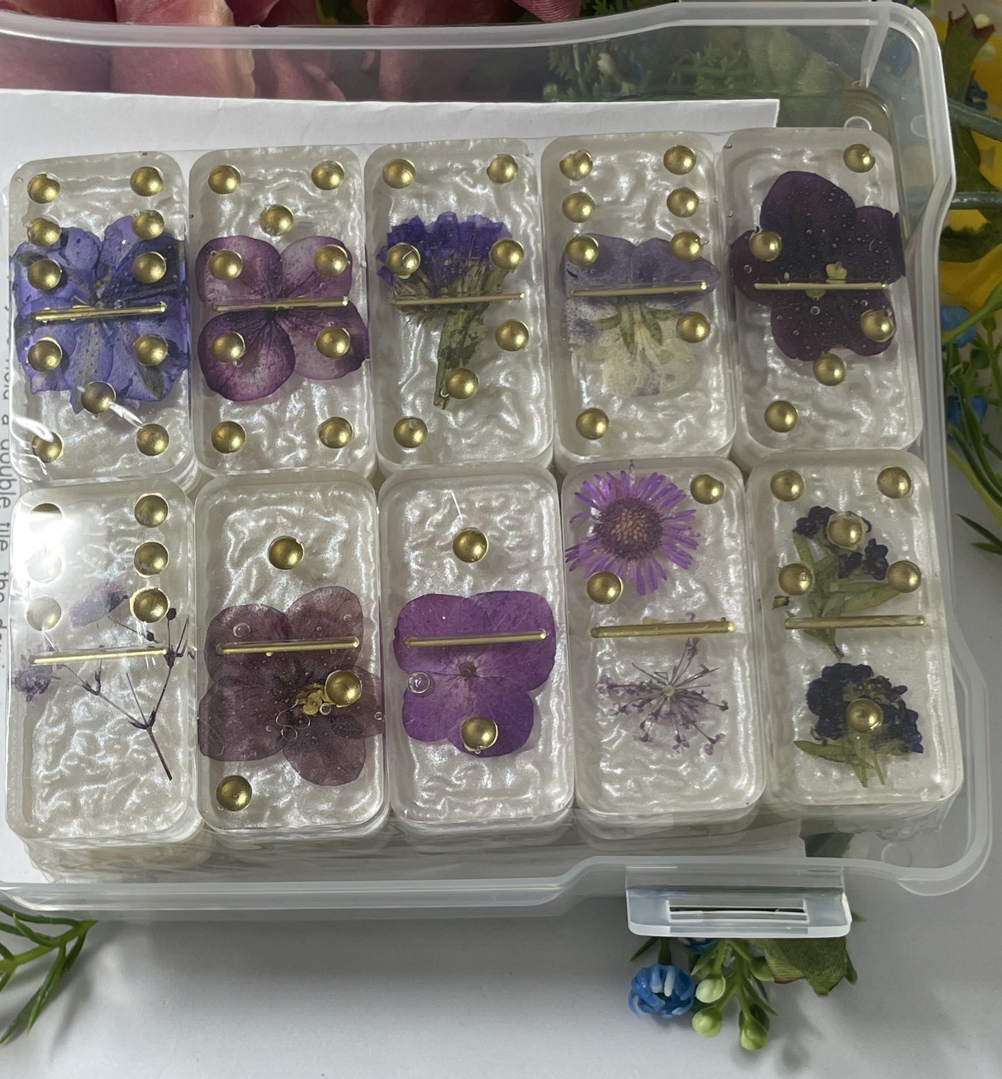 Resin Dominoes (Double Six, Florals)- Purple Pressed Flowers with White Background