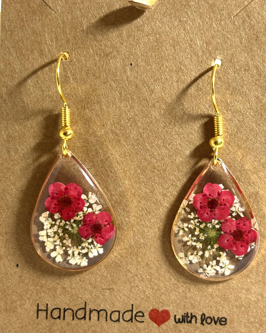 Earrings- Floral Teardrop with Red and White Flowers