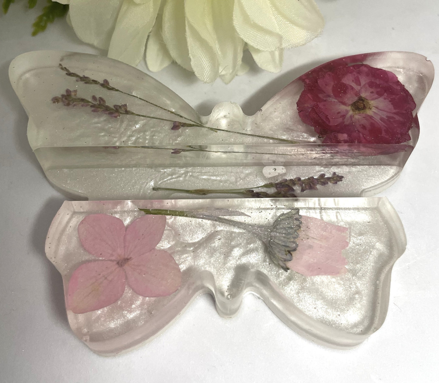 Business Card Holder - Butterfly Shaped-Red and Pink Pressed Flowers with white background