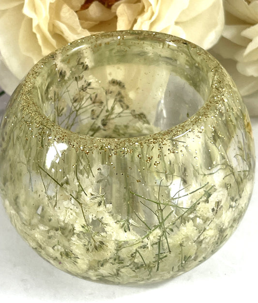 Tray-Floral Bowl White Baby's Breath & Gold Glitter