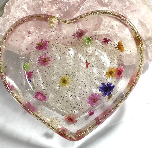 Tray-Heart Shaped Trinket Tray Multi-Color Flowers & Gold Glitter