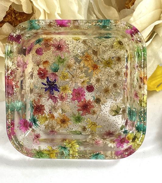 Tray-Square Shaped Trinket Tray Mixed Flowers & Gold Glitter